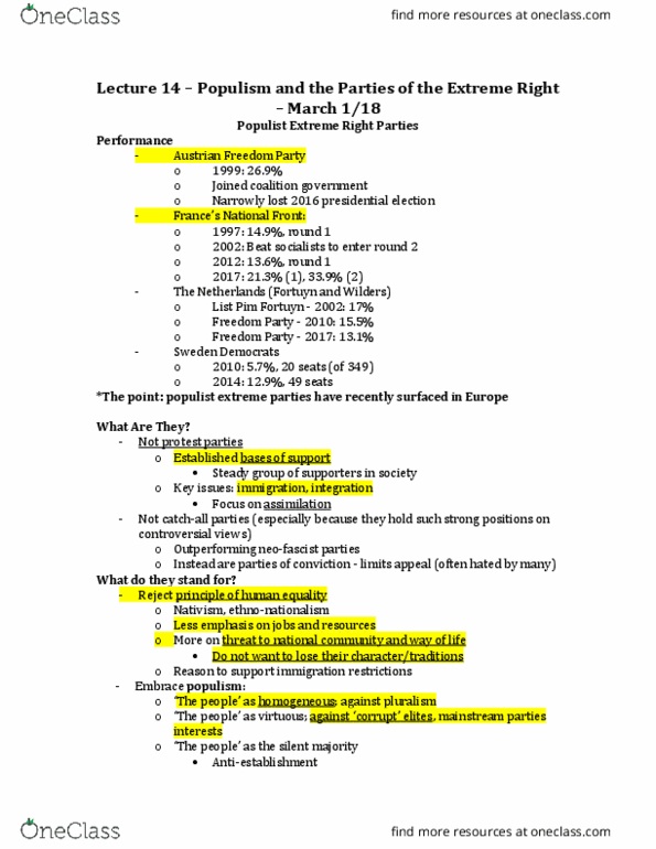 Political Science 1020E Lecture Notes - Lecture 14: Freedom Party Of Austria, Pim Fortuyn, Neo-Fascism thumbnail