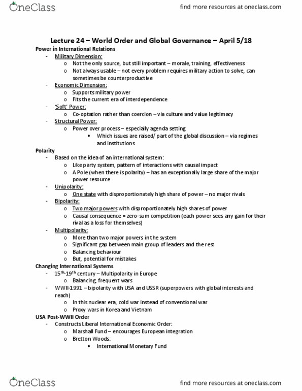 Political Science 1020E Lecture Notes - Lecture 24: International Monetary Fund, Liberal International, Party System thumbnail