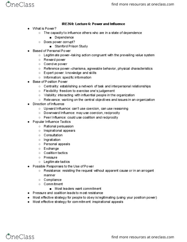 IRE260H1 Lecture Notes - Lecture 6: Stanford Prison Experiment, Ingratiation, Centrality thumbnail