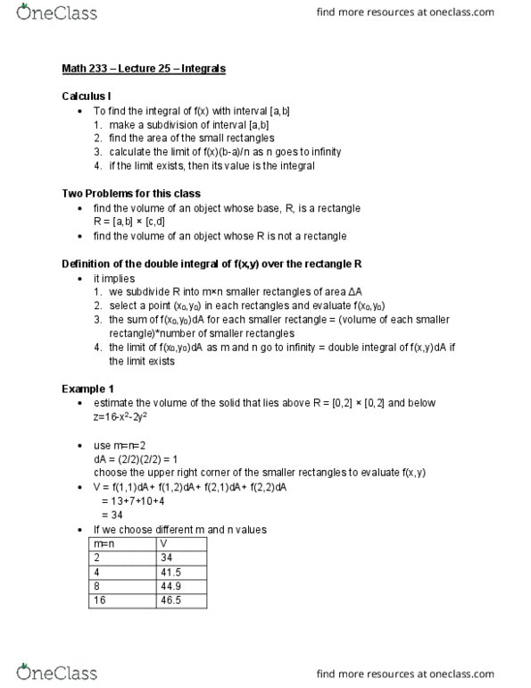 L24 Math 233 Lecture Notes - Lecture 25: Multiple Integral cover image