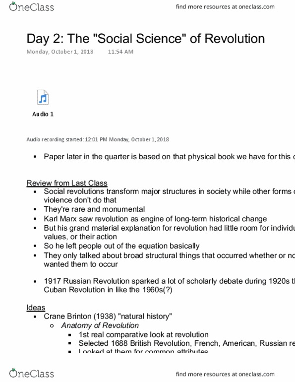 HISTORY 166D Lecture Notes - Lecture 2: Crane Brinton, Cuban Revolution, Theda Skocpol thumbnail
