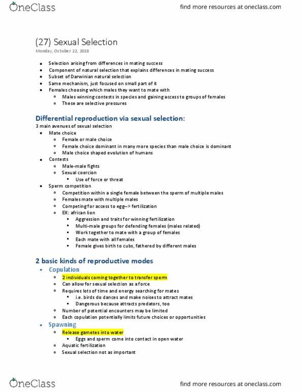 BIOLOGY 1114 Lecture Notes - Lecture 27: Lion, Sperm Competition, Sexual Coercion thumbnail