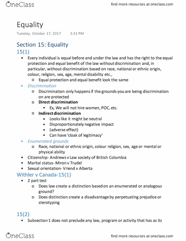 Law 2101 Lecture Notes - Lecture 10: Equal Protection Clause, Law Society thumbnail