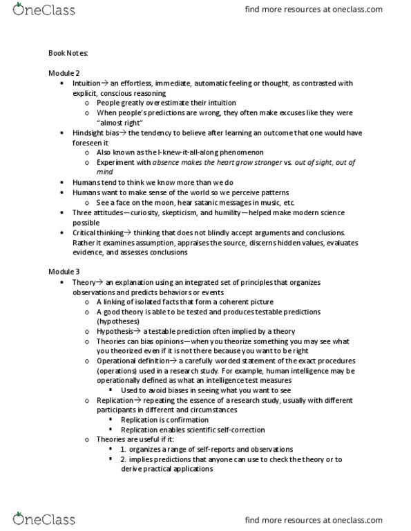 L33 Psych 100B Lecture Notes - Lecture 7: Hindsight Bias, Operational Definition, Critical Thinking thumbnail