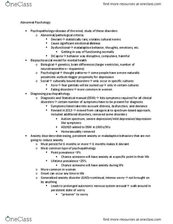 L33 Psych 100B Lecture Notes - Lecture 1: Generalized Anxiety Disorder, Autonomic Nervous System, Prevalence thumbnail