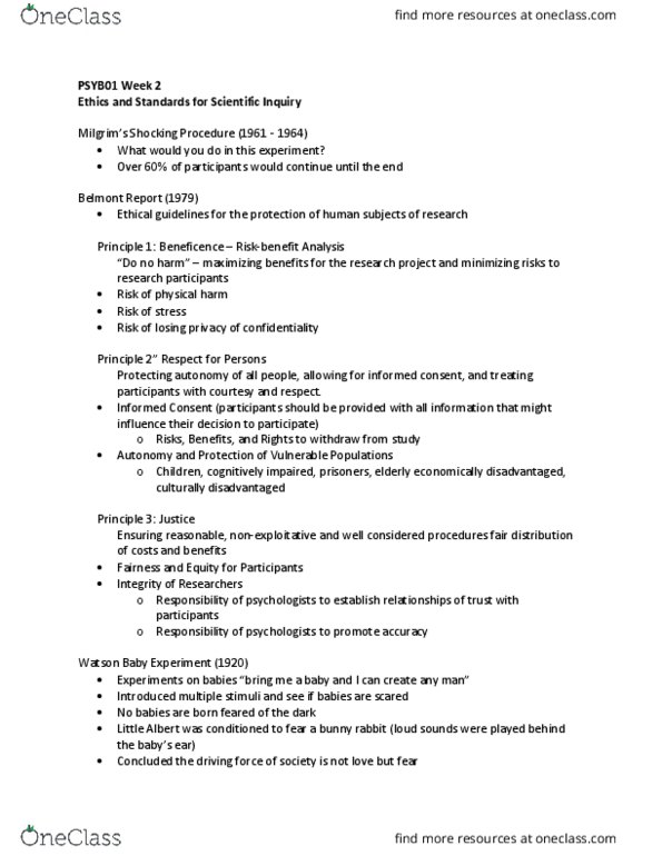 PSYB01H3 Lecture Notes - Lecture 2: Belmont Report, Little Albert Experiment, Proquest thumbnail