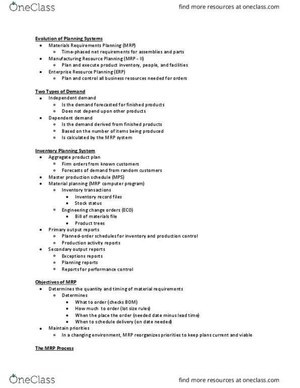 MIS 111 Lecture Notes - Lecture 27: Enterprise Resource Planning, Manufacturing Resource Planning, Part Number thumbnail