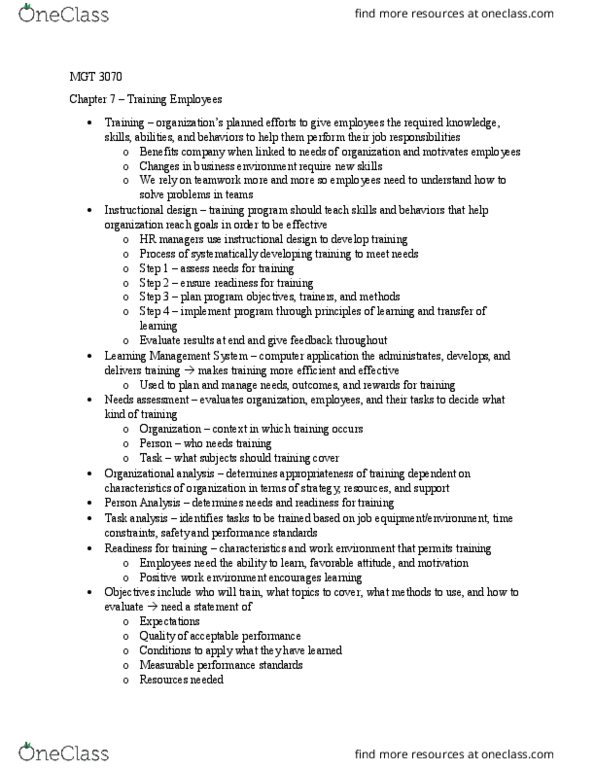 MGT-3070 Lecture Notes - Lecture 7: Learning Management System, Instructional Design, Task Analysis thumbnail