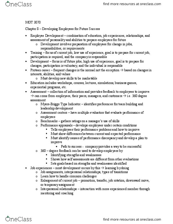 MGT-3070 Lecture Notes - Lecture 8: 360-Degree Feedback, Succession Planning, Goal Setting thumbnail