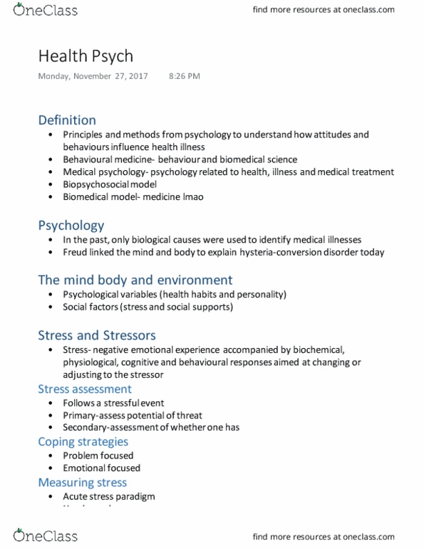 Psychology 2030A/B Lecture Notes - Lecture 14: Biomedical Model, Biopsychosocial Model, Conversion Disorder thumbnail