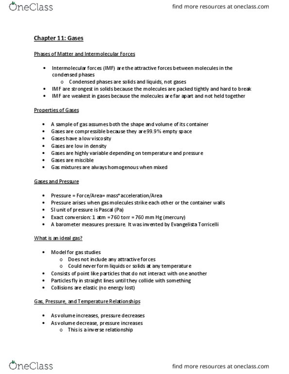 CHEM-C 101 Lecture Notes - Lecture 28: Intermolecular Force, Ideal Gas, Miscibility thumbnail