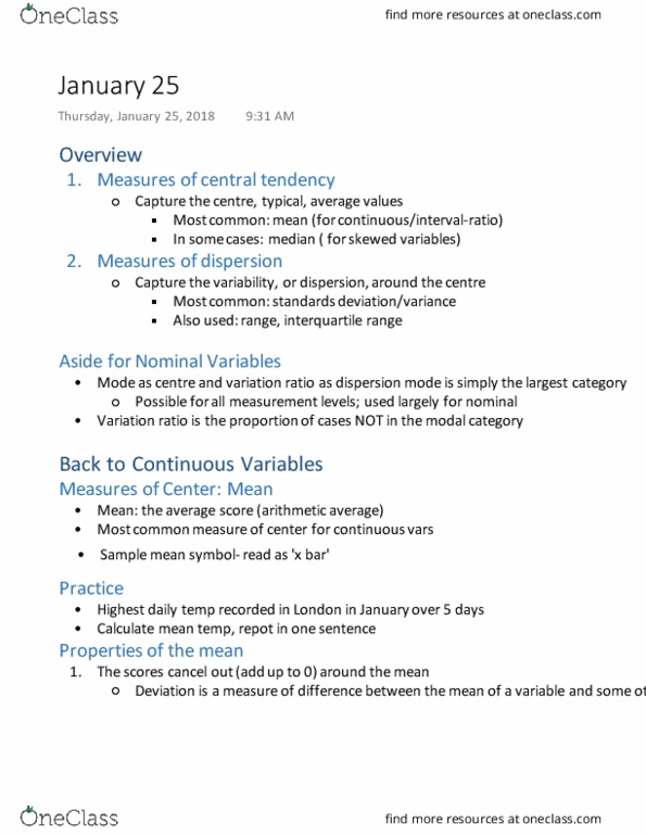 Sociology 2205A/B Lecture Notes - Lecture 3: Interquartile Range, Central Tendency thumbnail