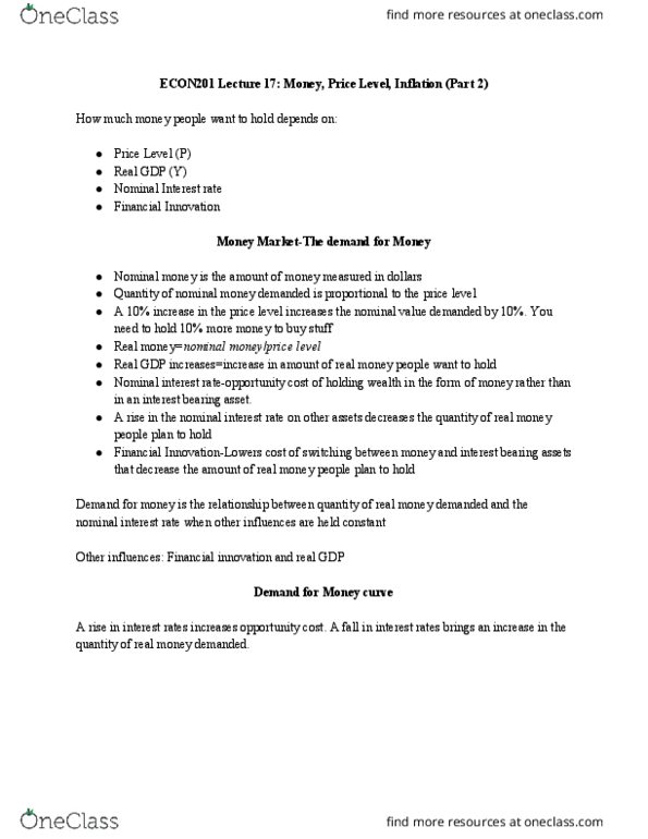 ECON 201 Lecture Notes - Lecture 17: Nominal Interest Rate, Financial Innovation, Real Interest Rate cover image