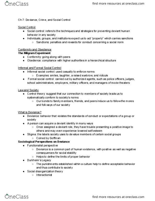 SOCI201 Chapter Notes - Chapter 7: Milgram Experiment, Social Disorganization Theory, Social Control thumbnail