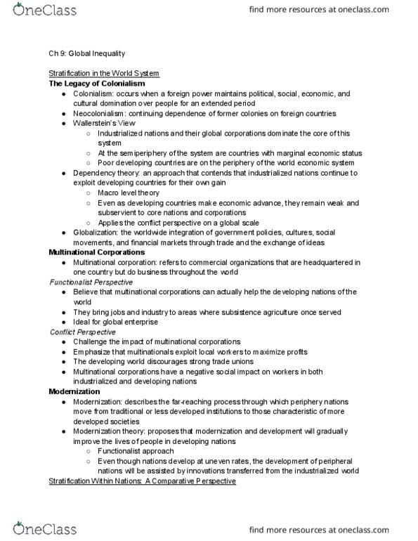 SOCI201 Chapter Notes - Chapter 9: Multinational Corporation, Subsistence Agriculture, Neocolonialism thumbnail