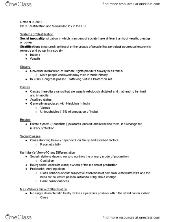 SOCI201 Lecture Notes - Lecture 10: Social Inequality, Class Consciousness, Bourgeoisie thumbnail