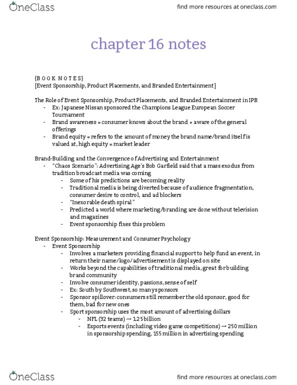 ADV 318J Chapter Notes - Chapter 16: Bob Garfield, Branded Content, Brand Equity thumbnail