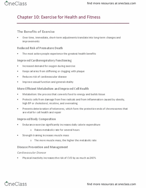 HLT 1353 Chapter Notes - Chapter 10: Cardiorespiratory Fitness, Cardiovascular Disease, Telomere thumbnail