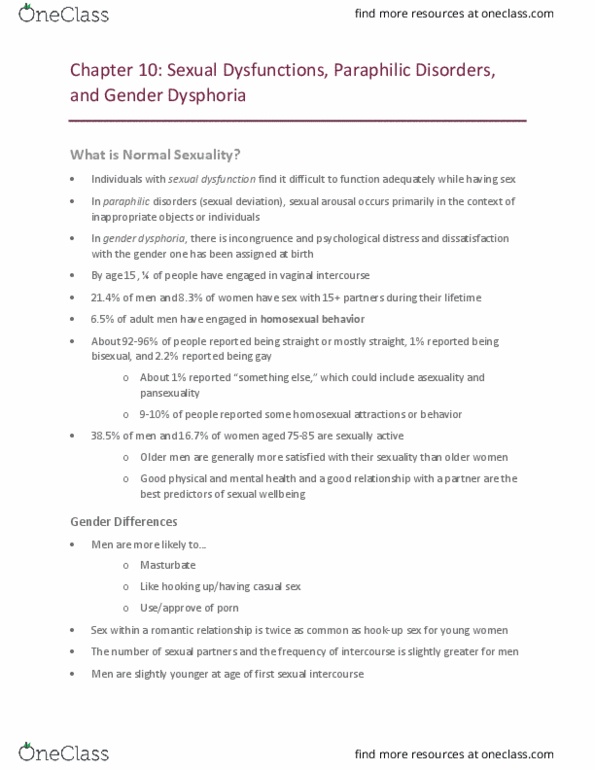 PSYC 4321 Chapter Notes - Chapter 10: Gender Dysphoria, Sexual Dysfunction, Casual Sex thumbnail