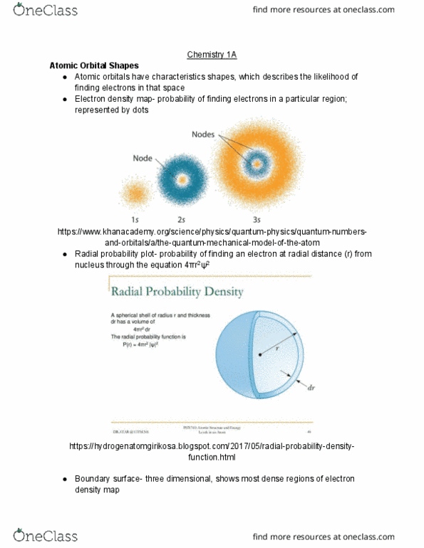 CHEM 1A Lecture Notes - Lecture 11: Atomic Orbital, Probability Plot cover image