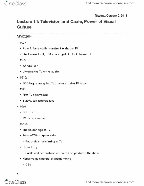 MMC 2604 Lecture Notes - Lecture 11: Radio Stars, Jack Paar, Telecommunications Act Of 1996 thumbnail