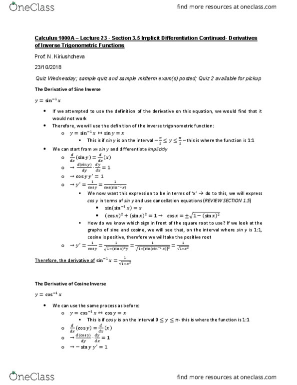 Calculus 1000A/B Lecture 23: Calculus 1000 A -Lecture 23- Section 3.5 Continued- Derivatives of Inverse Trigonometric Functions cover image
