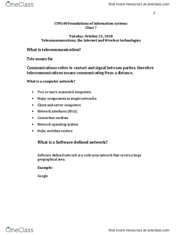 ITM 100 Lecture Notes - Lecture 7: Wide Area Network, Network Operating System, Wireless Network thumbnail