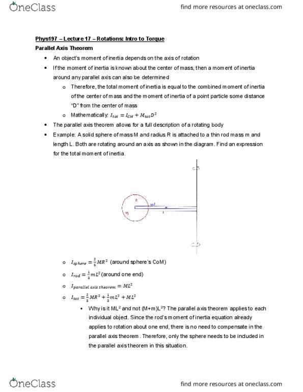 Physics 197 Lecture Notes - Lecture 17: Parallel Axis Theorem, Point Particle, Angular Velocity thumbnail