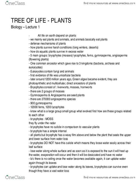 PSYA01H3 Chapter Notes -Cutin, Flowering Plant, Parenchyma thumbnail