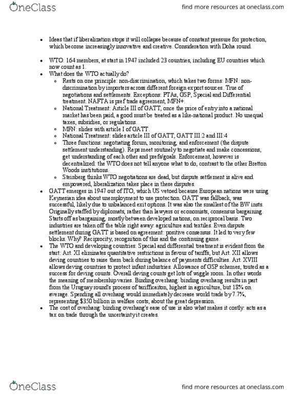 POLI 441 Lecture Notes - Lecture 15: General Agreement On Tariffs And Trade, World Trade Organization, North American Free Trade Agreement thumbnail