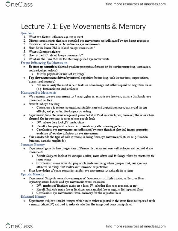 PSY372H1 Lecture Notes - Lecture 7: Eye Tracking, Implicit Memory, Saccade thumbnail
