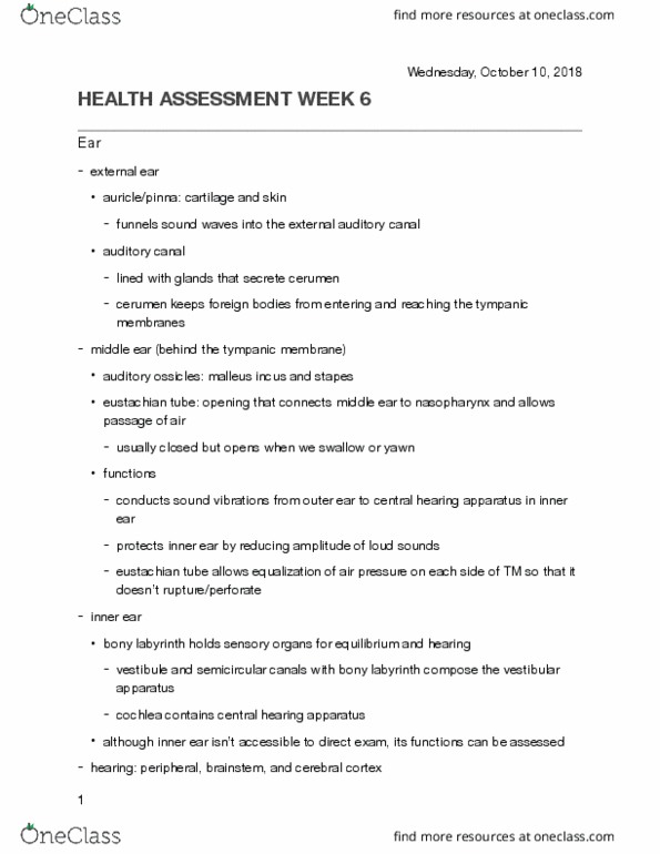NUR 300 Lecture Notes - Lecture 6: Ear Canal, Eustachian Tube, Semicircular Canals thumbnail
