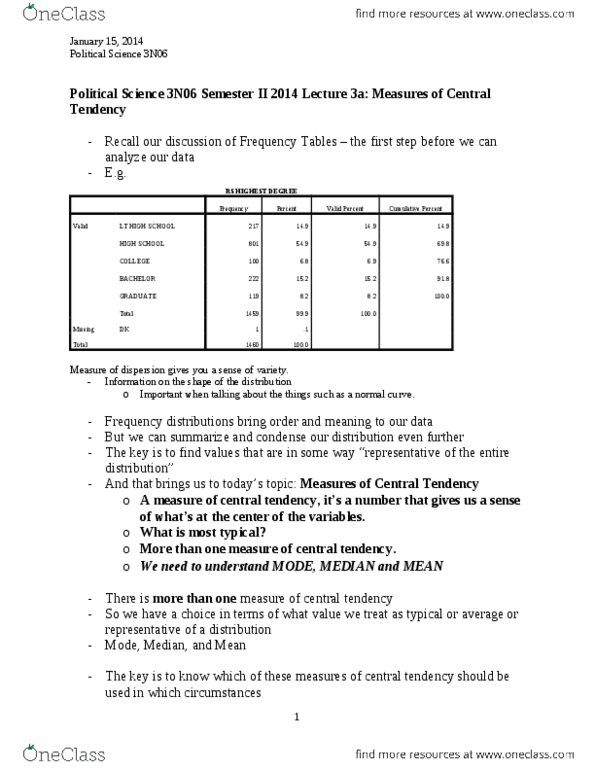 POLSCI 3N06 Lecture Notes - Central Tendency, Interval Ratio, Normal Distribution thumbnail
