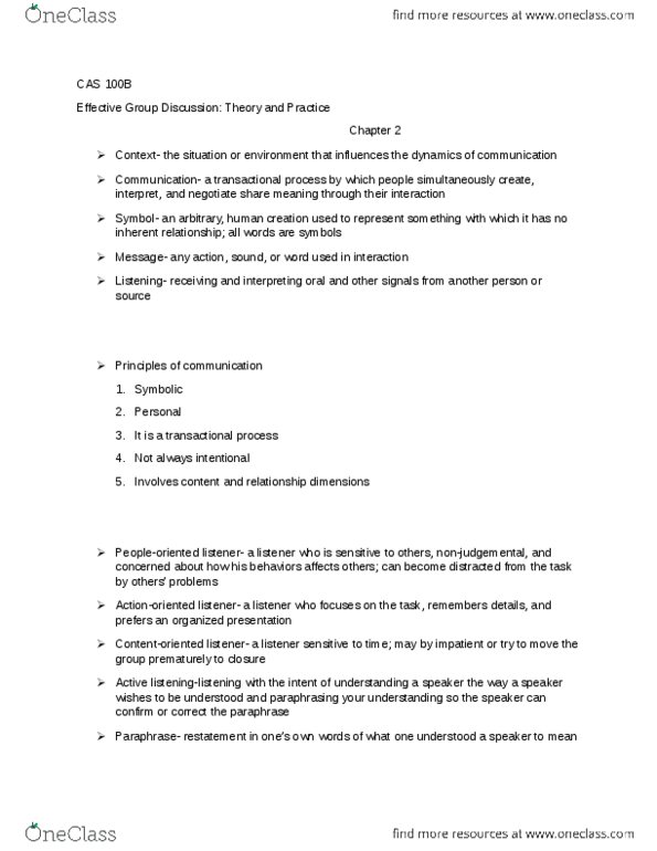 CAS 100B Chapter Notes - Chapter 2: Paralanguage, Proxemics, Social Presence Theory thumbnail