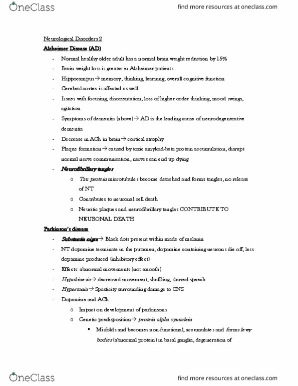 HLSC 2462U Lecture Notes - Lecture 11: Neurofibrillary Tangle, Substantia Nigra, Tau Protein thumbnail