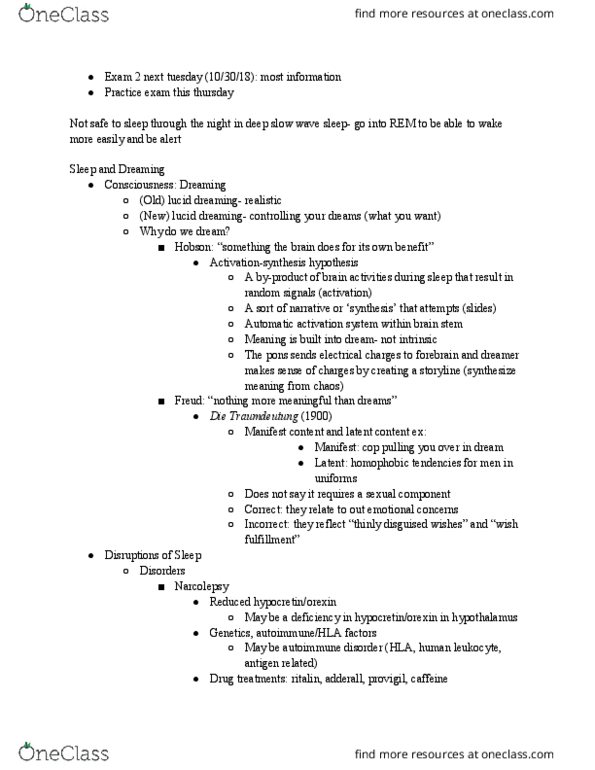 CAS PS 101 Lecture Notes - Lecture 10: Lucid Dream, Slow-Wave Sleep, Modafinil cover image