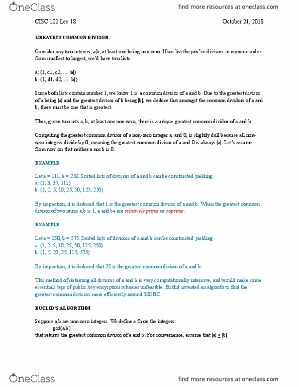 CISC 102 Lecture Notes - Lecture 18: Euclid, Coprime Integers, Complex Instruction Set Computing cover image