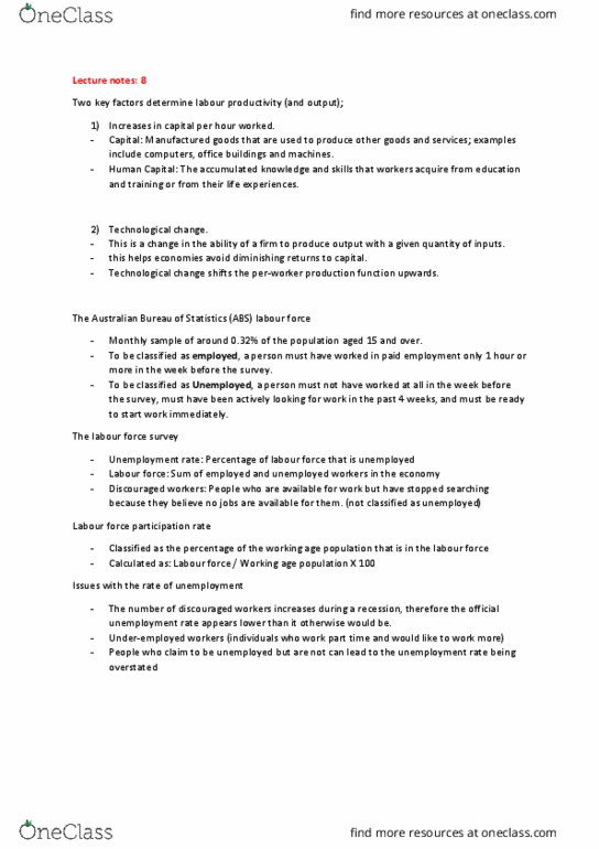 ECO10004 Lecture Notes - Lecture 8: Labour Force Survey, Technological Change, Diminishing Returns thumbnail