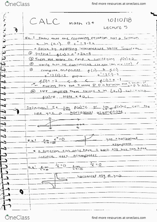 MATH 124 Lecture Notes - Lecture 7: Asymptote, Intermediate Value Theorem cover image
