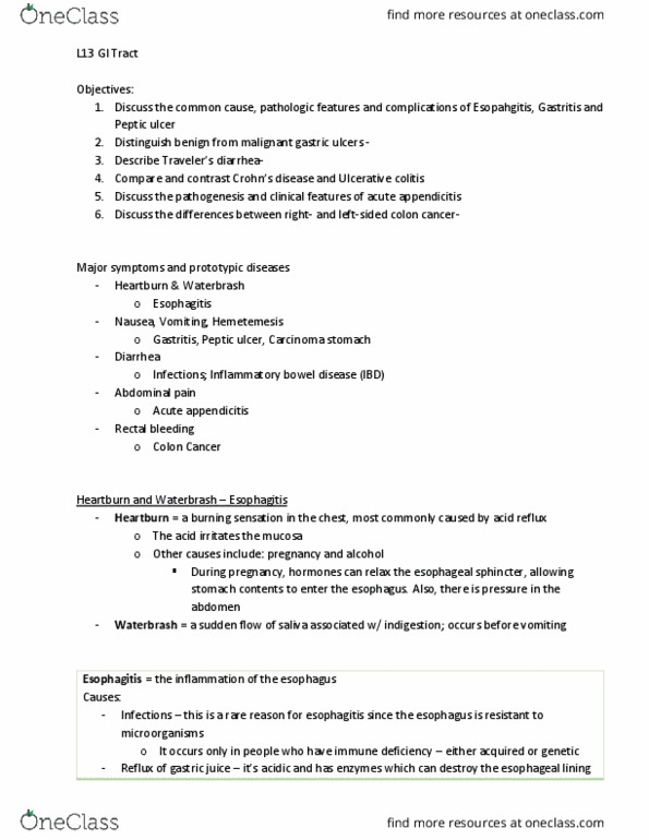 PATH 205.3 Lecture Notes - Lecture 13: Inflammatory Bowel Disease, Ulcerative Colitis, Esophagus thumbnail