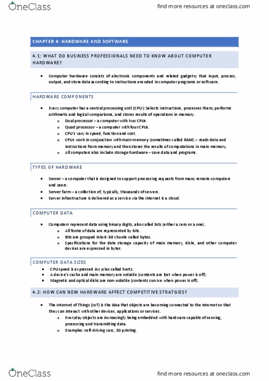 INFS1602 Lecture Notes - Lecture 4: Computer Hardware, Server Farm, Microsoft Excel thumbnail