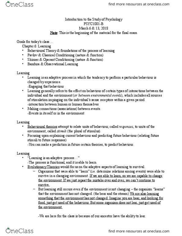 PSYC 1001 Lecture Notes - Lecture 6: Observational Learning, Classical Conditioning, Operant Conditioning thumbnail