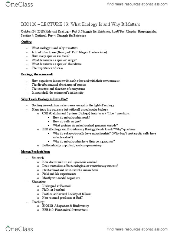 BIO120H1 Lecture Notes - Lecture 14: Ecological Succession, Biogeography, Prokaryote cover image