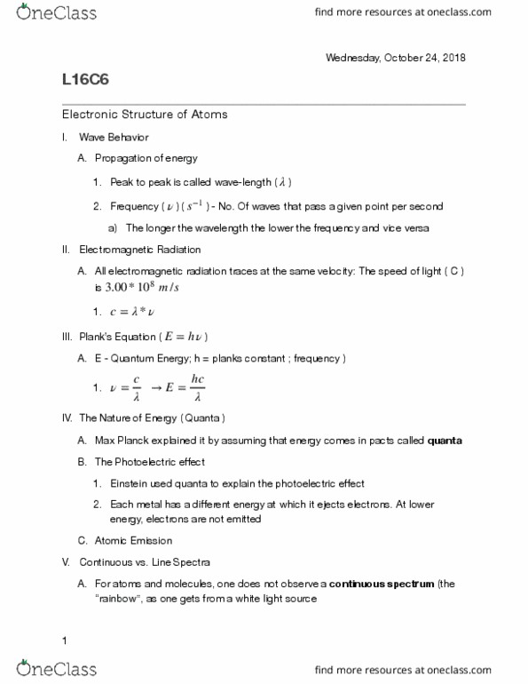 CHE K121 Lecture Notes - Lecture 16: Rydberg Constant, Standing Wave, Photon thumbnail