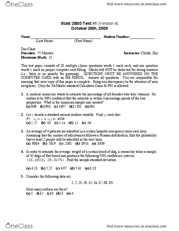 Stats 2b03 Study Guide Fall 18 Midterm Pencil Poisson Distribution Confidence Interval