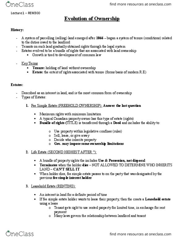 REM 300 Lecture Notes - Lecture 1: Leasehold Estate, Life Estate, Interest thumbnail