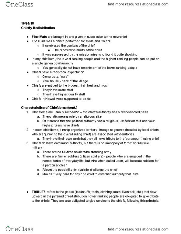 ANTH 1000 Lecture 18: Lecture 18 Notes- Chiefly Redistribution cover image