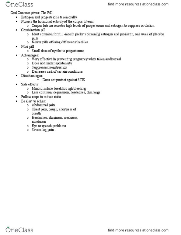FCSE 3120 Lecture Notes - Lecture 10: Corpus Luteum, Breakthrough Bleeding, Combined Oral Contraceptive Pill thumbnail
