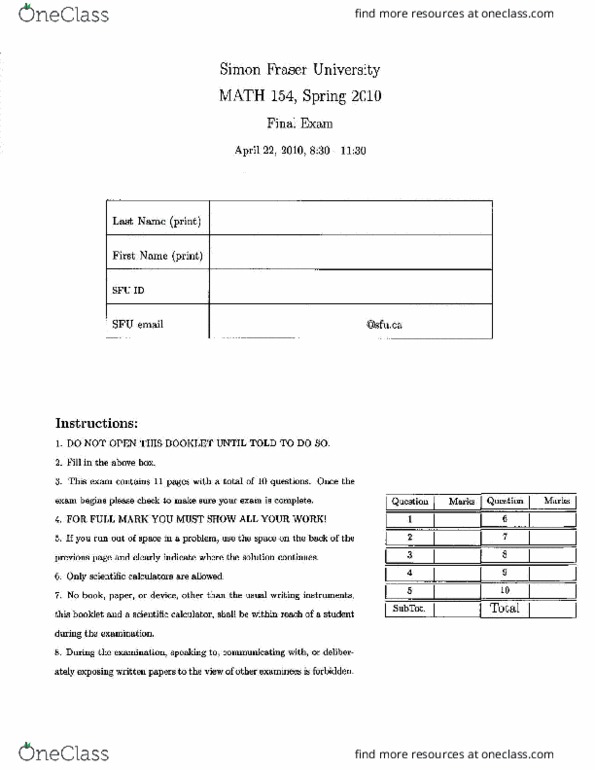 MATH 154 Final: MATH154 Final Exam 2010 Spring - OneClass