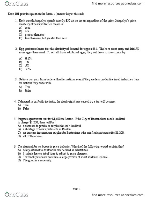 ECON 101 Study Guide - Fall 2018, Midterm - Deadweight Loss, Economic ...